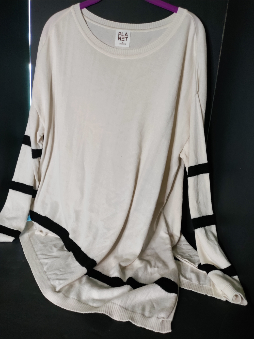 Planet Woman Cream Sweater with Black Stripe Accents